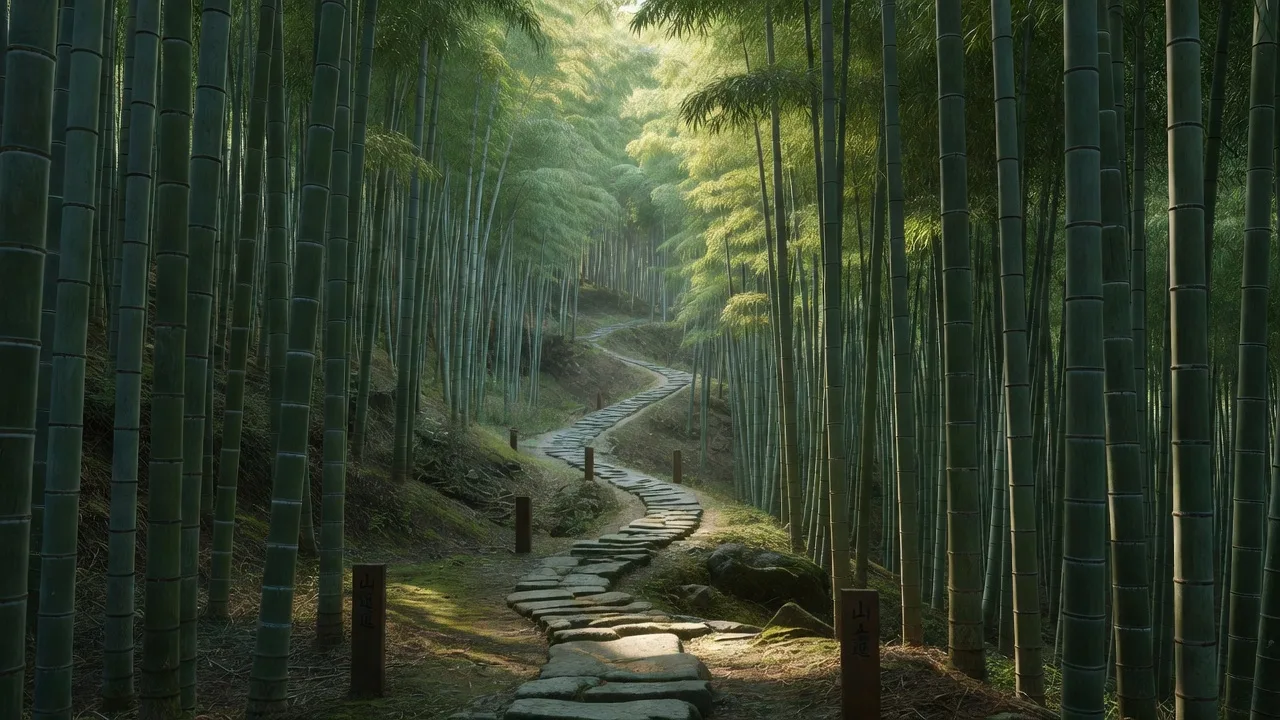 竹林の中の石畳の道