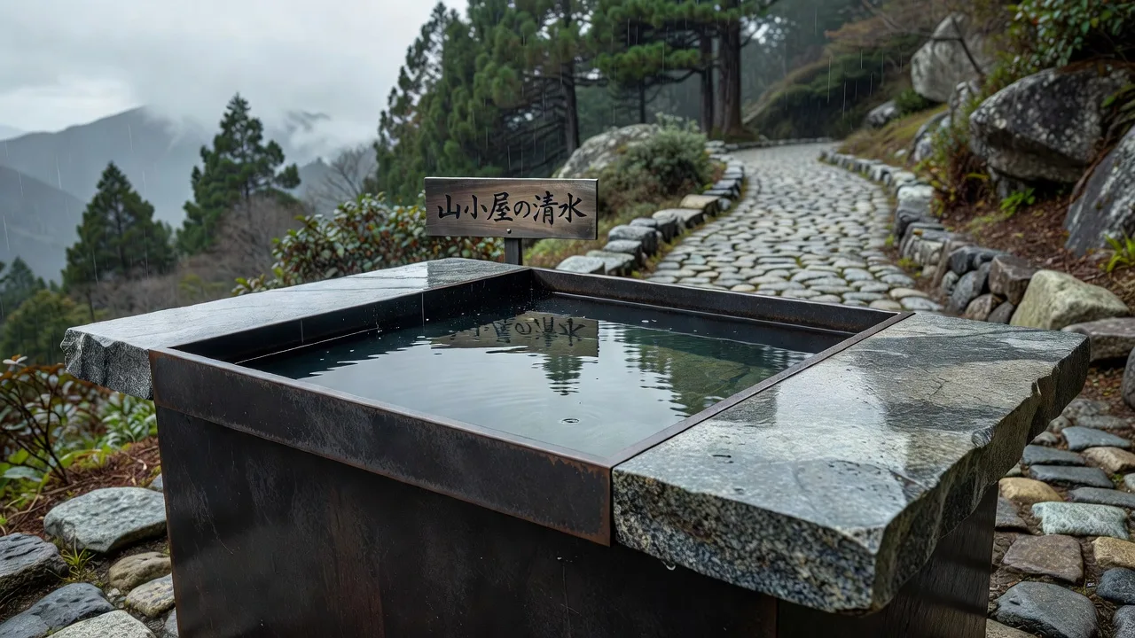 トレイル脇にある鉄と石の手水鉢