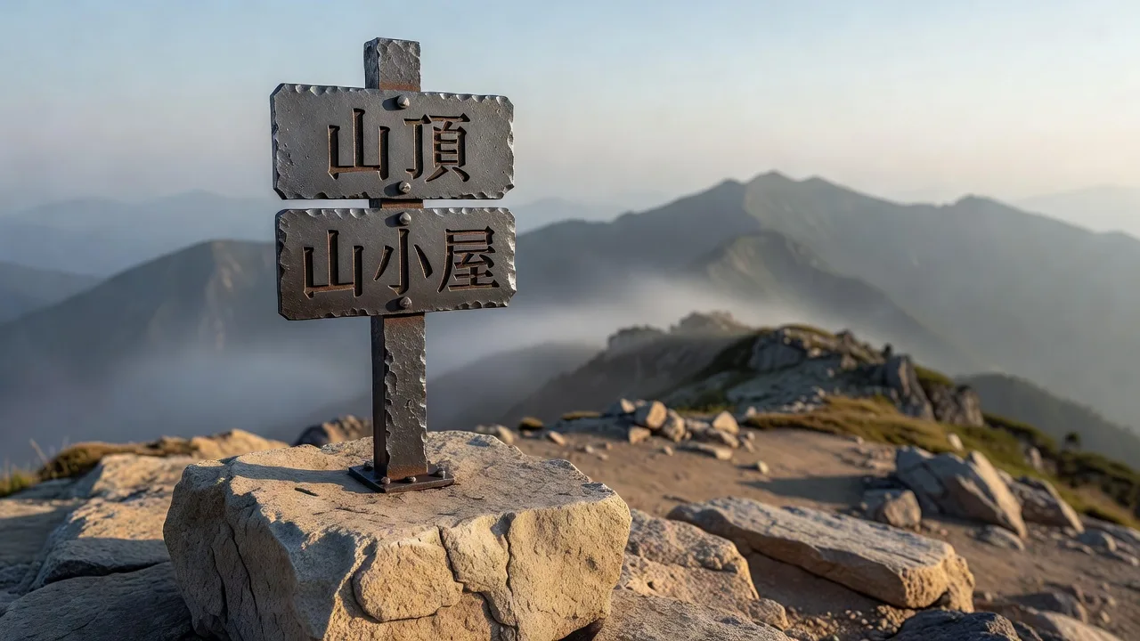 登山道に立つ鉄製標識のディテール