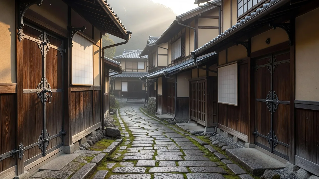 山あいの集落に続く石畳の小道