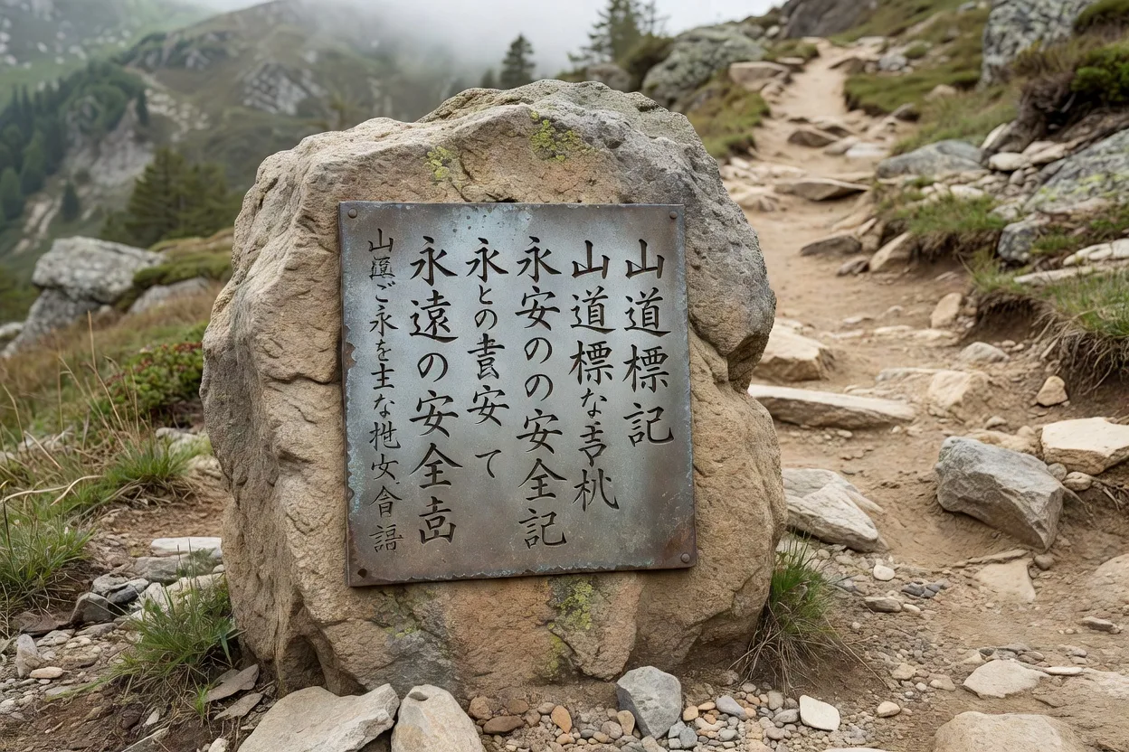 鉄製プレートの付いた石の道標